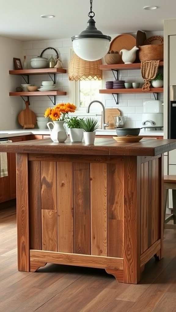 A rustic kitchen island made of reclaimed wood with a natural finish, surrounded by kitchen decor.