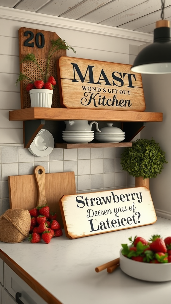 A cozy kitchen shelf displaying rustic strawberry-themed signs, fresh strawberries, and decorative plants.