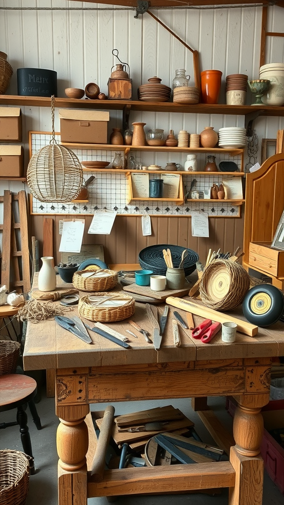 A rustic wooden table filled with various handcrafted items and tools in a craft room.