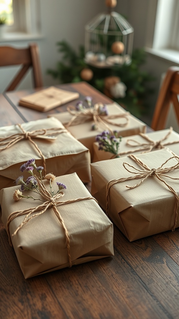 Rustic Valentine gift wrap with brown kraft paper, twine, and dried flowers on a wooden table.