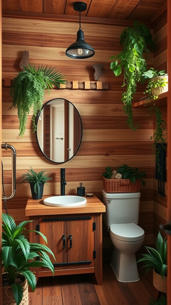 A rustic bathroom design featuring wooden accents, plants, and warm tones.