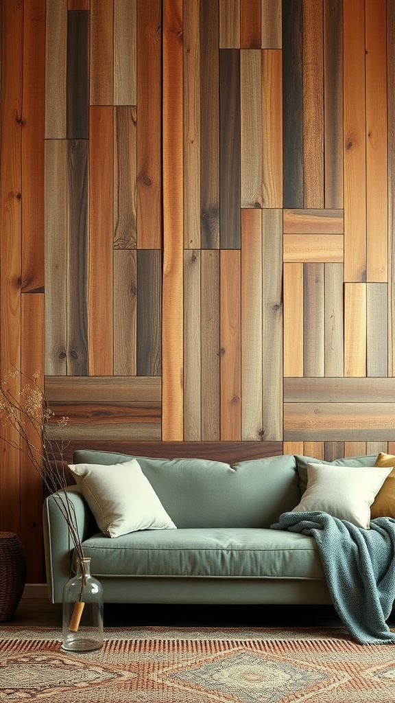 Cozy living room featuring rustic wood panel wall, soft sofa, and decorative elements.