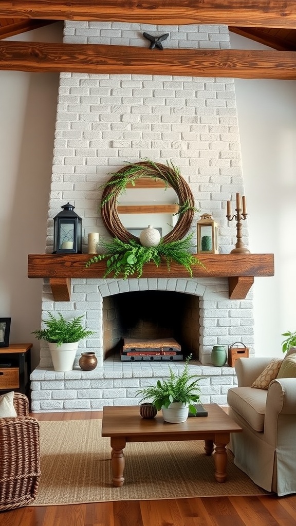 A rustic farmhouse living room with a wooden beam mantle and cozy decor.