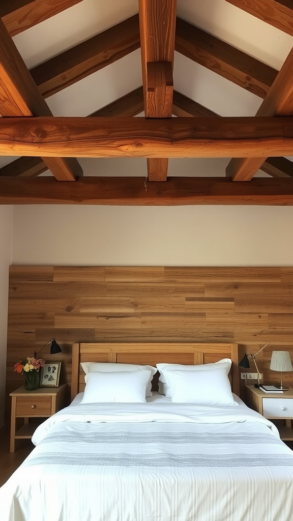 Interior of a bedroom featuring rustic wooden beams on the ceiling.