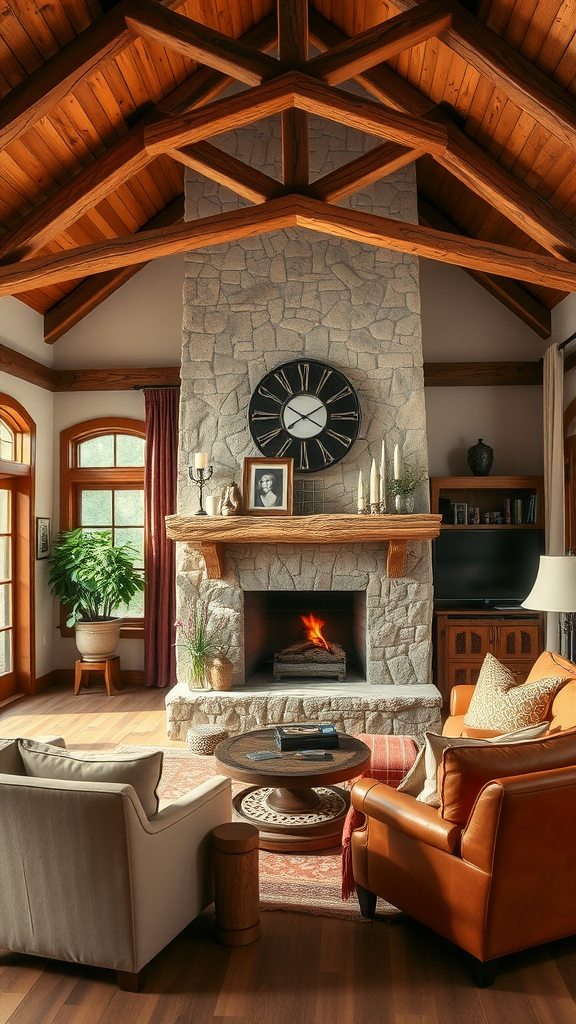 Cozy living room with rustic wooden beams and a stone fireplace