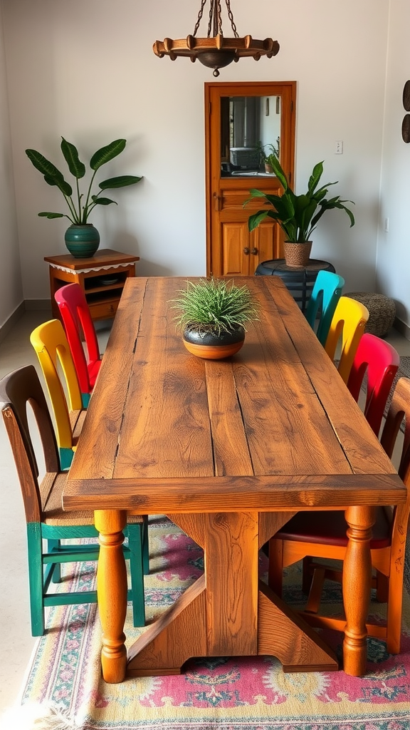 A rustic wooden dining table with colorful chairs and plants in a cozy room.