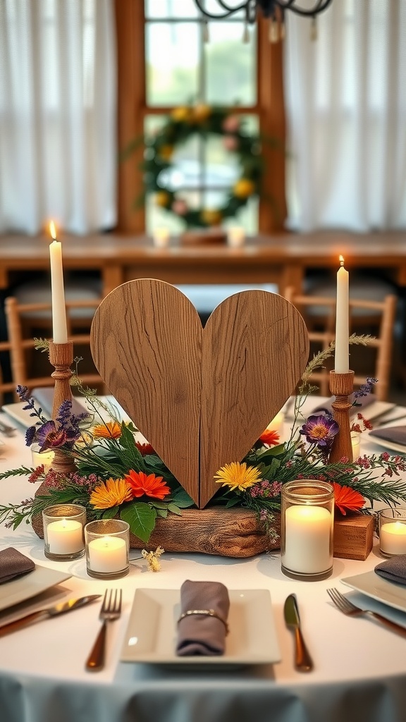 A rustic wooden heart centerpiece surrounded by flowers and candles on a dining table.