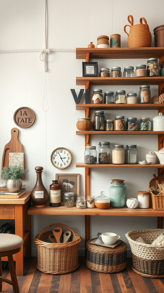 A cozy craft room featuring rustic wooden shelves filled with jars, plants, and decorative items.