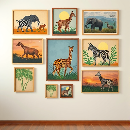 A collection of safari-inspired artwork featuring various animals like zebras, elephants, and a horse in colorful frames.