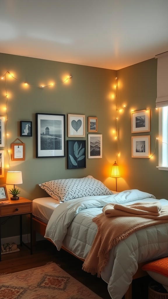 A cozy dorm room featuring a sage green accent wall with framed pictures and warm lighting.