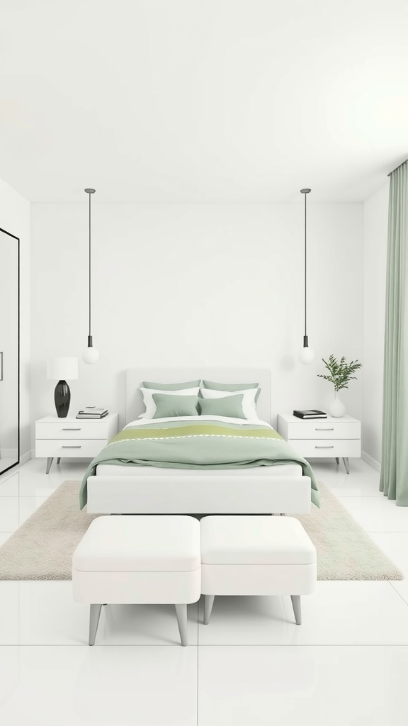 A modern minimalist bedroom featuring a sage green bedspread, white walls, and decorative elements.