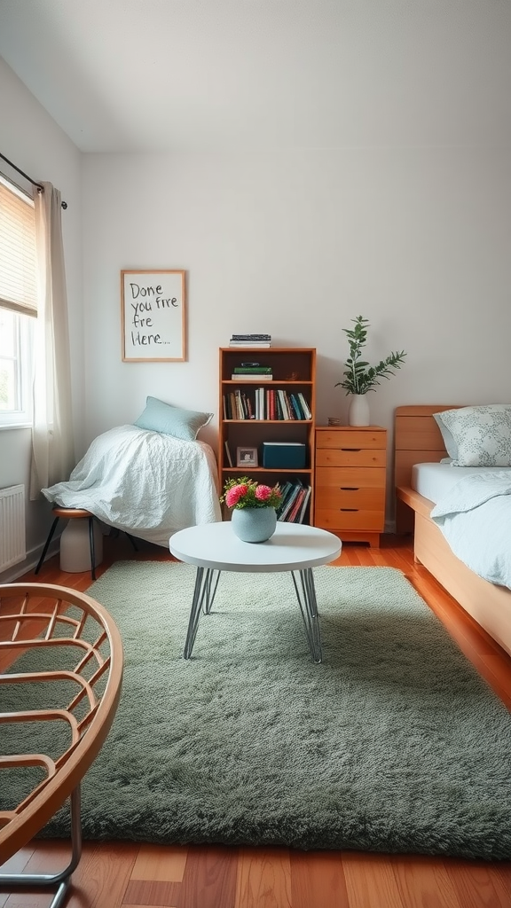 A sage green area rug in a cozy dorm room setup.