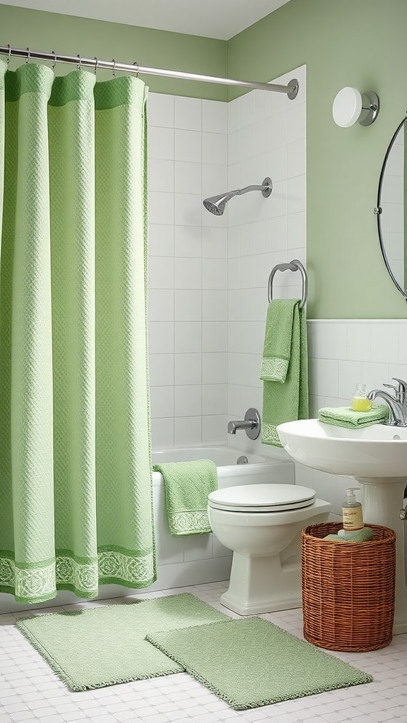 A sage green bathroom featuring a shower curtain, towels, and bath mats in a soft green color.