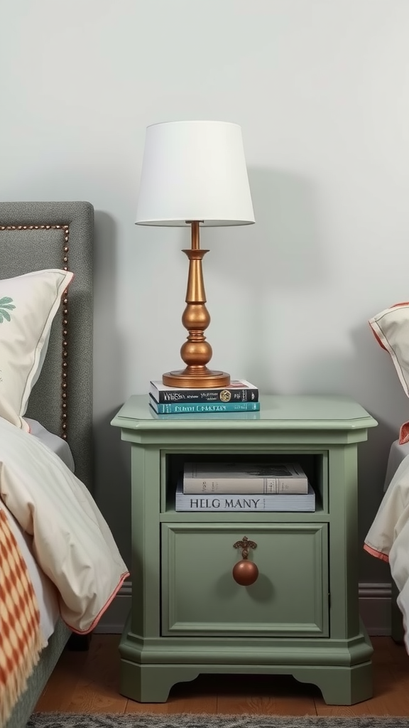 A sage green bedside table with a lamp and books on top