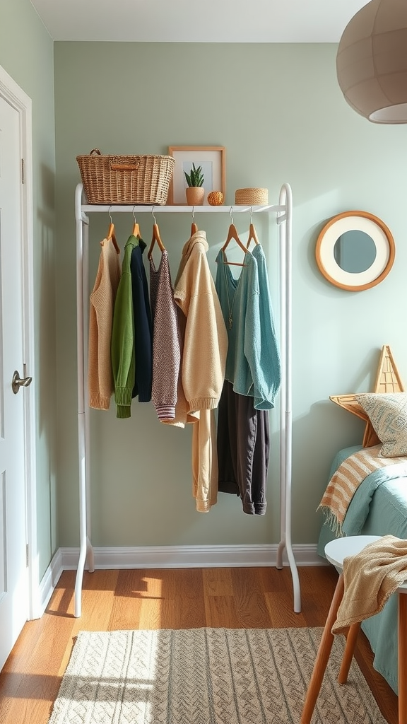 A clothing rack displaying various outfits in a sage green themed dorm room.