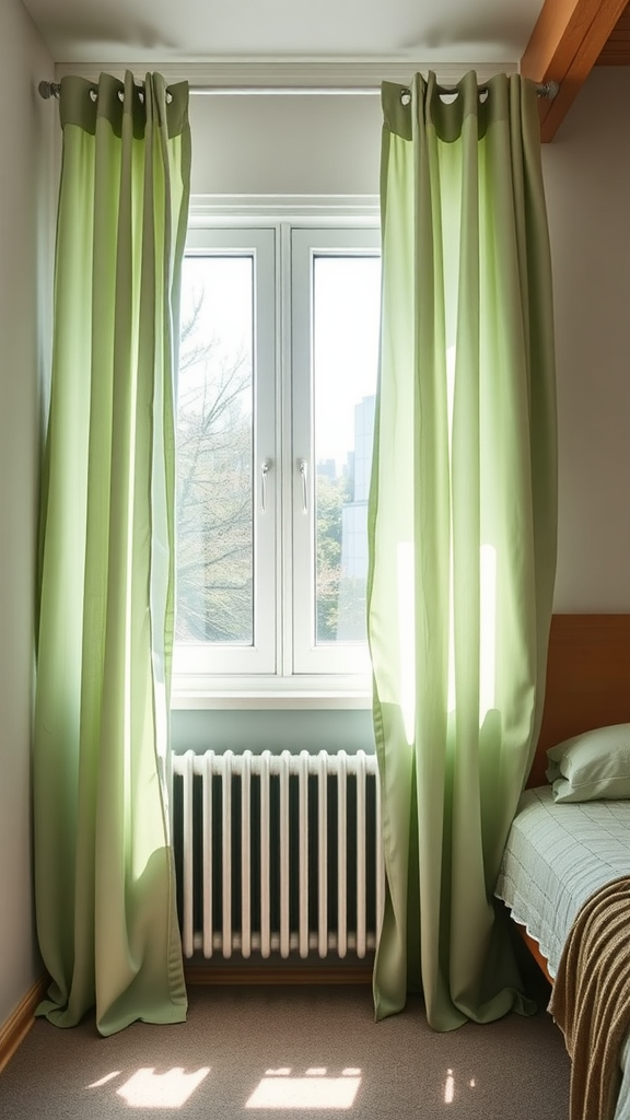 Sage green curtains hanging by a window in a dorm room