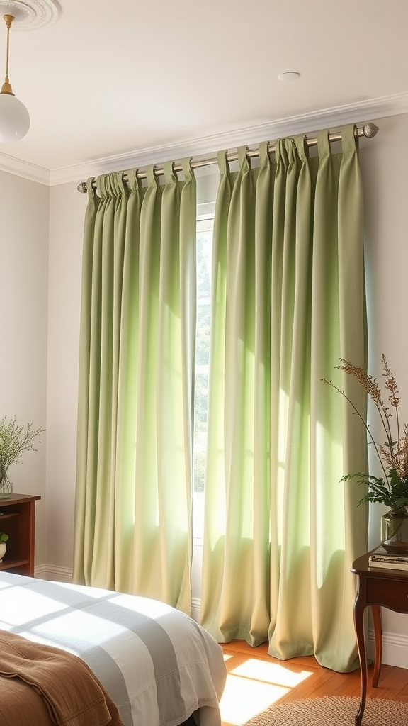 Room with sage green curtains letting in soft light