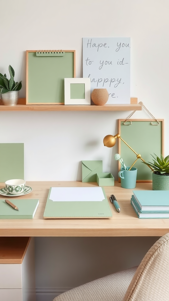 A stylish desk setup with sage green accessories including notebooks, a plant, and a desk lamp.