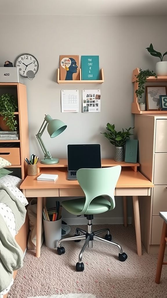 A cozy desk setup featuring a sage green chair, light wood desk, and decorative plants