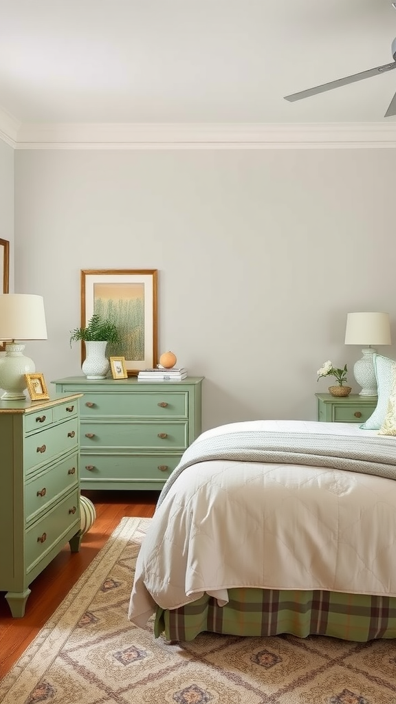 Bedroom featuring sage green furniture, showcasing a cohesive and calming interior design.