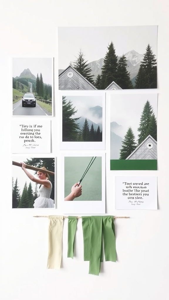 An inspiration board featuring sage green decor ideas, including photographs of nature and fabric swatches.