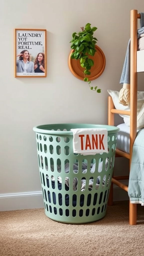 A sage green laundry basket with the word 'TANK' on it, surrounded by a cozy dorm room setup.