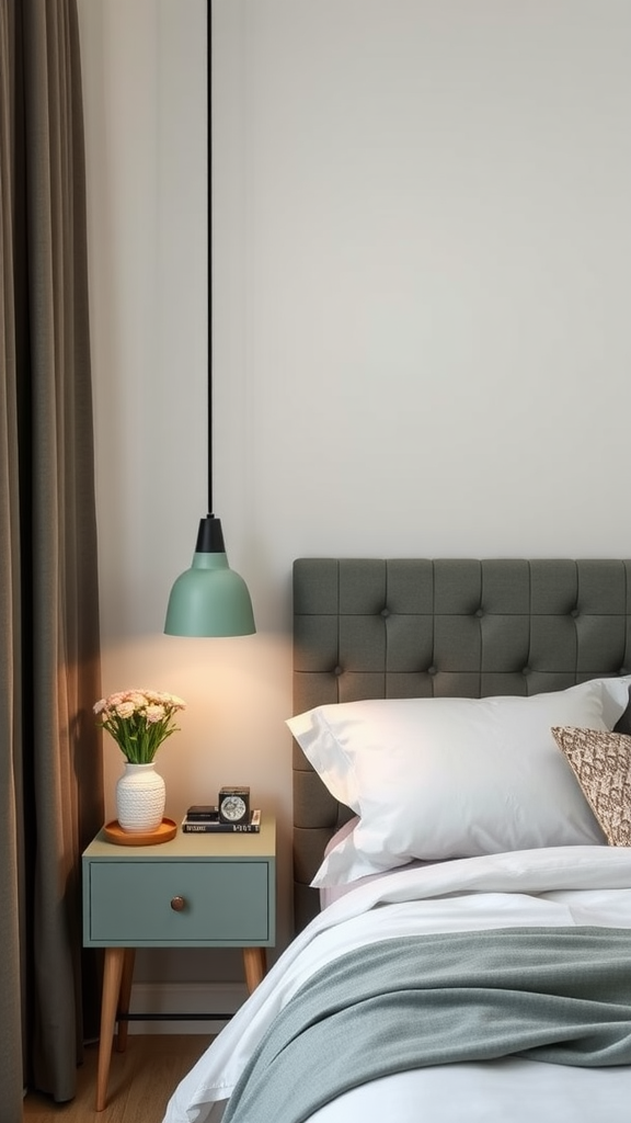 A cozy bedroom featuring sage green lighting fixtures.