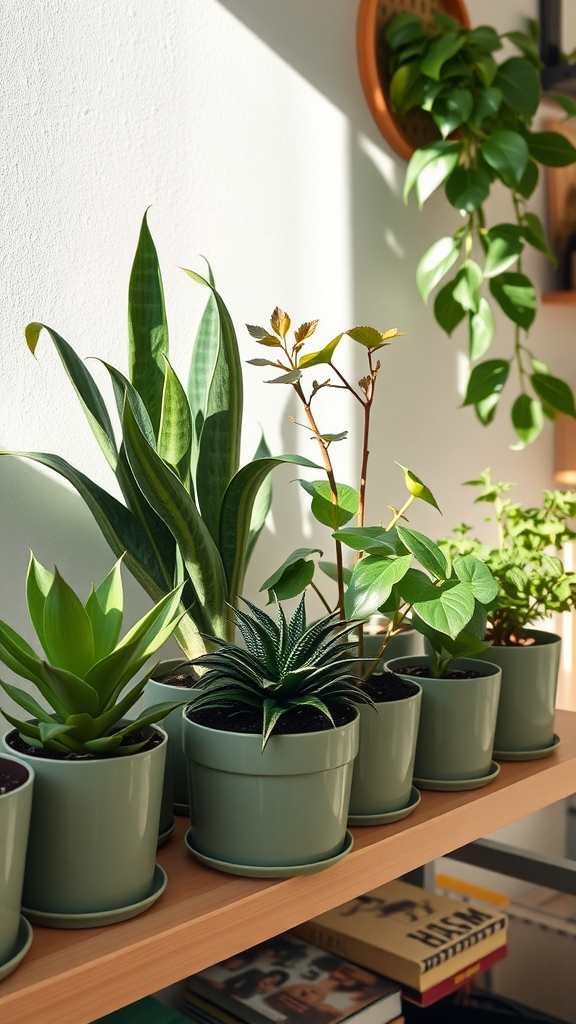 A collection of various sage green plants in pots on a shelf, with sunlight illuminating them.