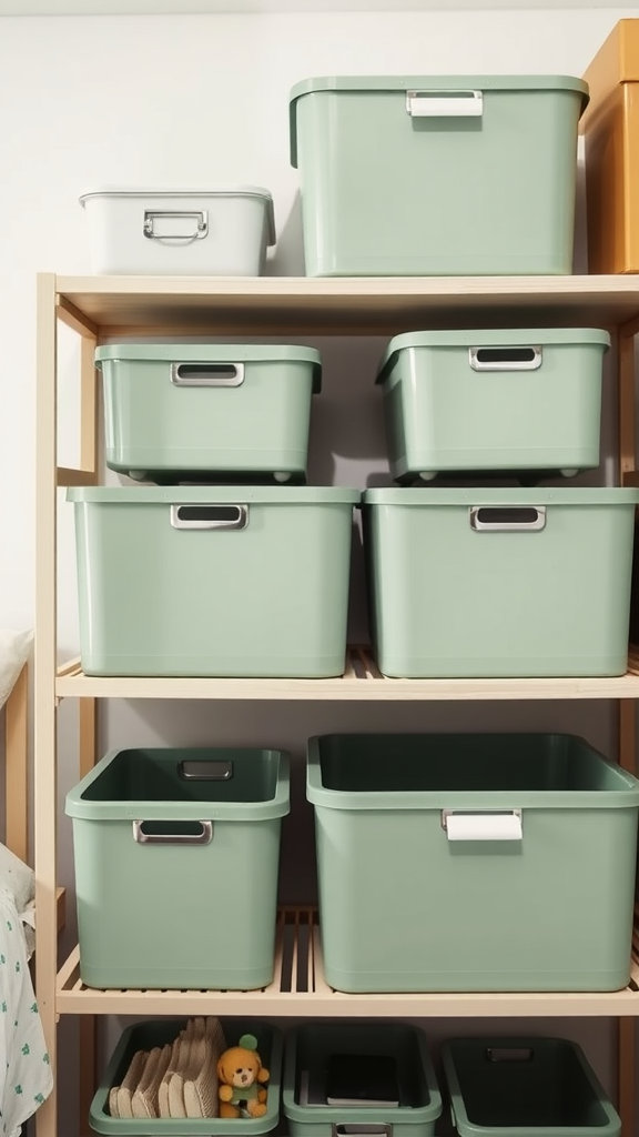 Shelf with various sage green storage bins neatly organized