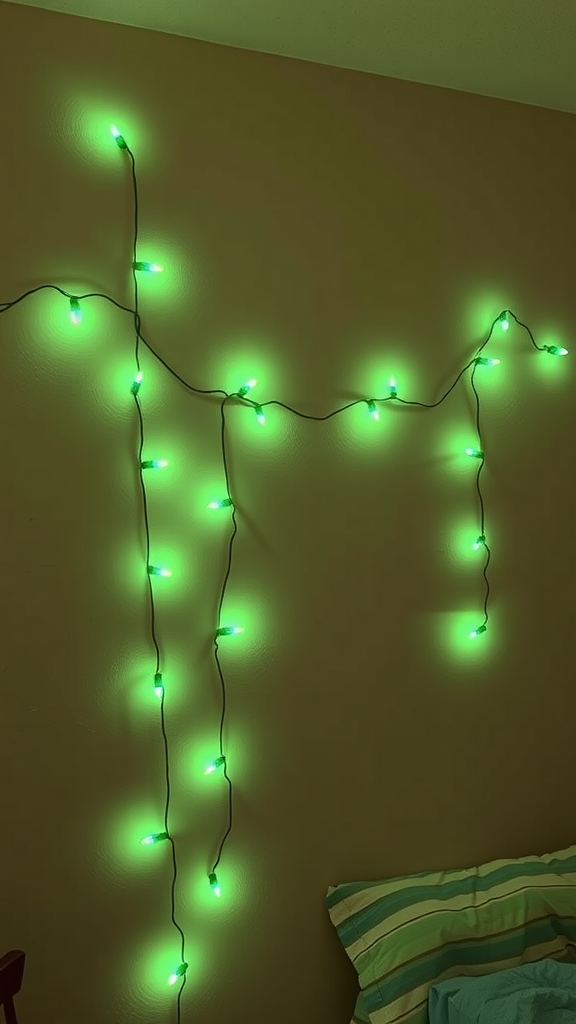 Sage green string lights hanging on a wall in a dorm room