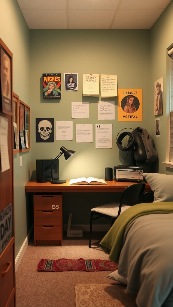 A cozy study nook featuring sage green walls, a wooden desk, and a comfortable chair.