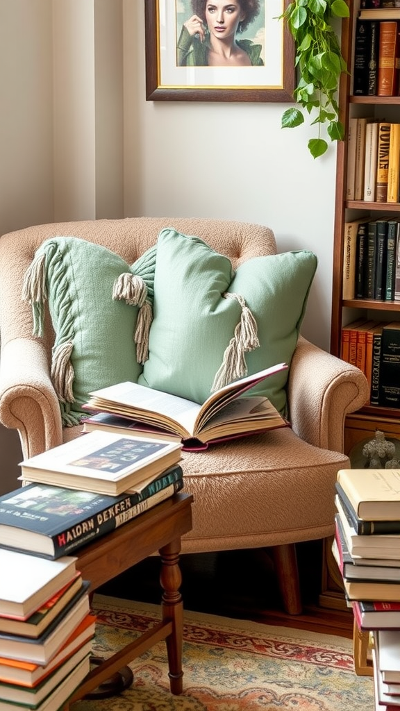 A cozy chair with sage green throw pillows and an open book on a side table.