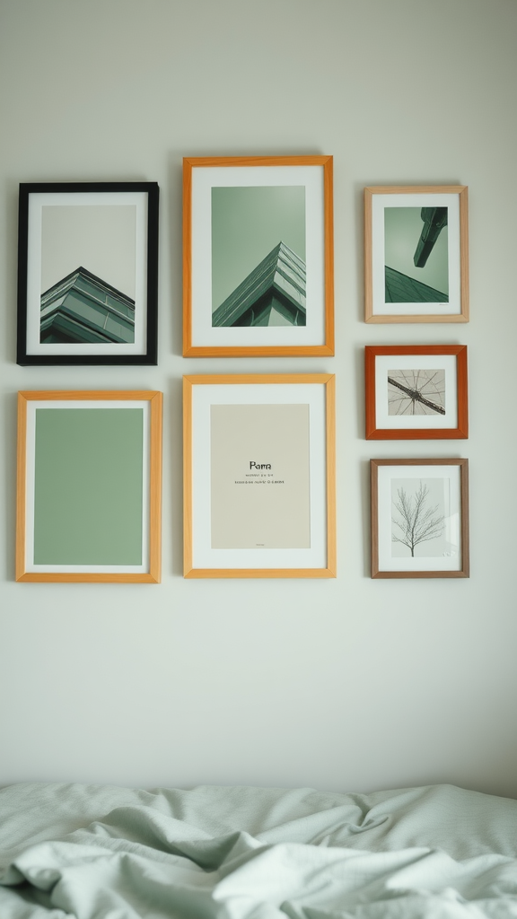 Collection of framed wall art in a sage green dorm room