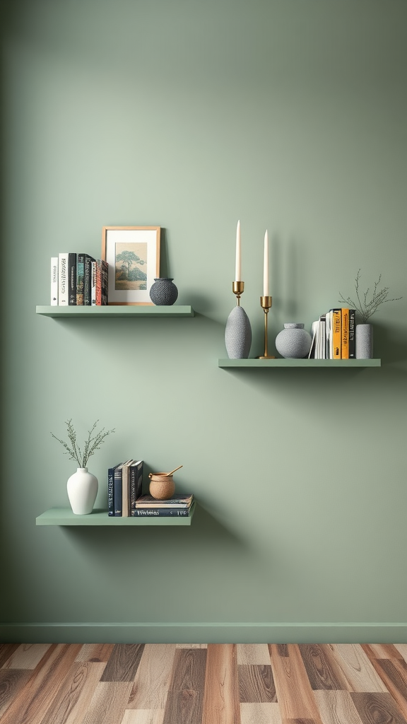 Stylish sage green wall shelves with books and decorative items.