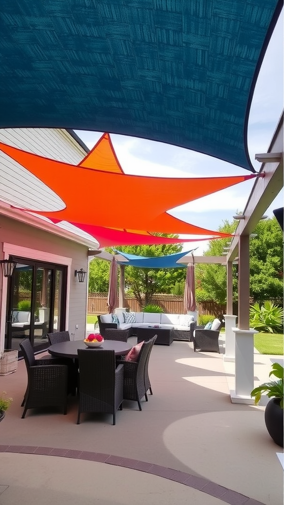 Colorful sail shade structures overhead in a modern outdoor patio setting.