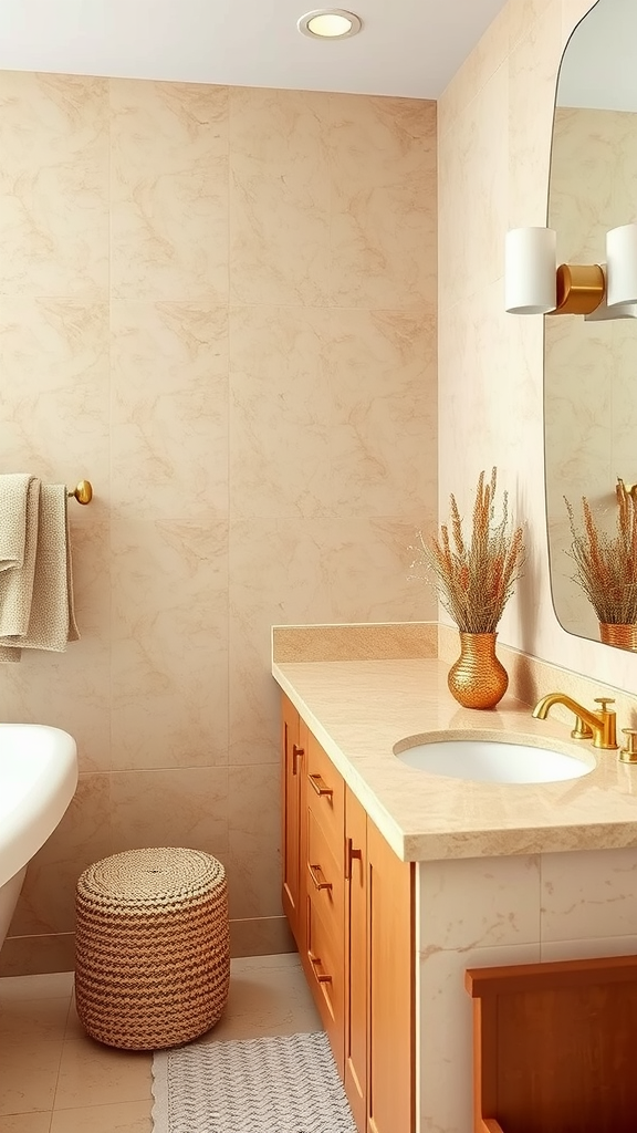 A warm-toned bathroom featuring sandy beige countertops, wooden cabinets, and a neutral color scheme.