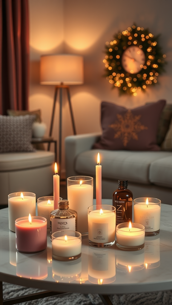 A cozy living room scene with various scented candles lit on a coffee table, creating a warm atmosphere.