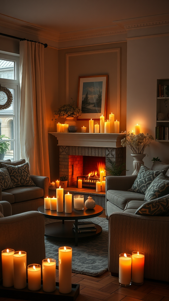 Cozy living room with warm-colored scented candles on a table and a fireplace.