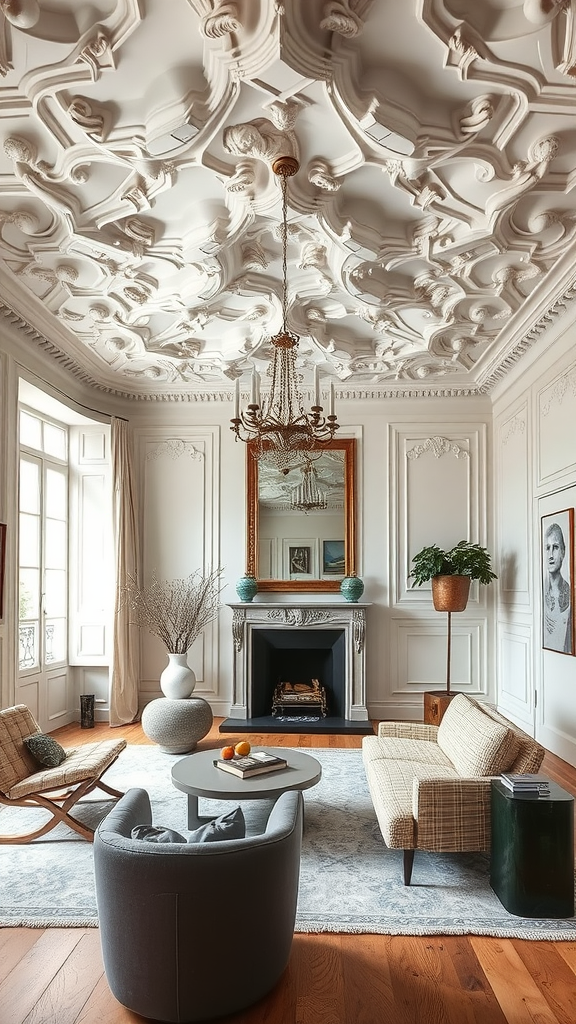 A beautifully designed Parisian living room with a sculptural ceiling and stylish furniture.