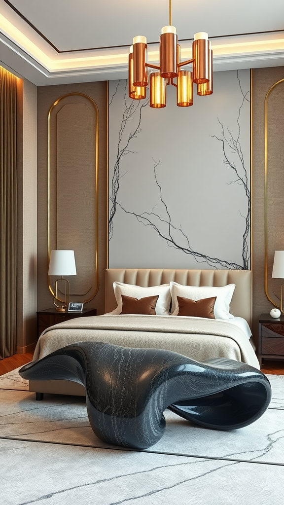 Luxurious master bedroom featuring sculptural furniture and elegant decor.