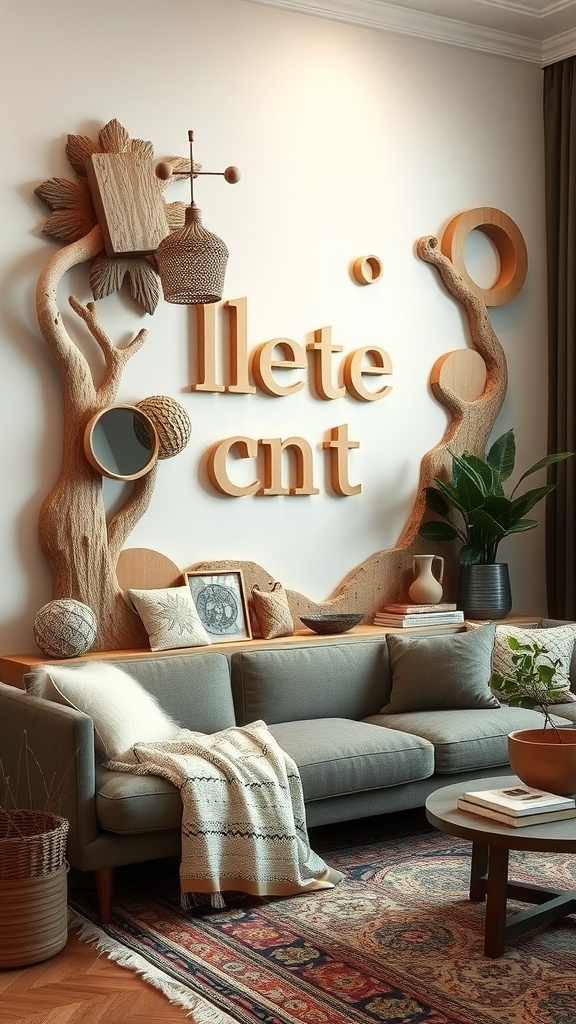 A boho living room featuring sculptural wall art with wooden elements and mirrors.