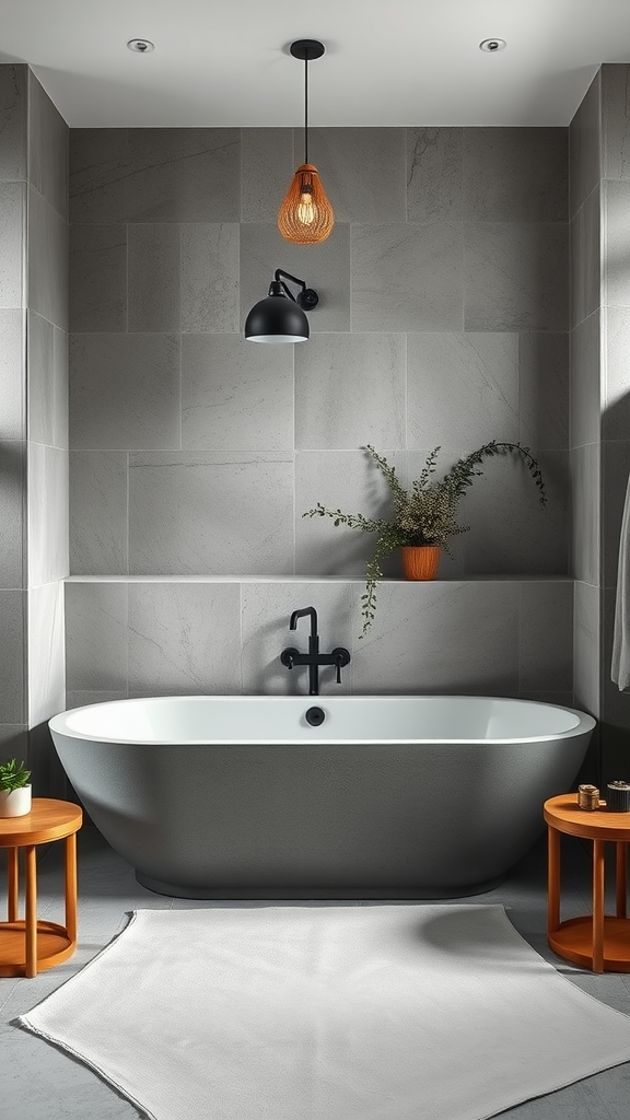 A modern bathroom featuring a seamless microcement bathtub, stylish lighting, and minimalistic decor.