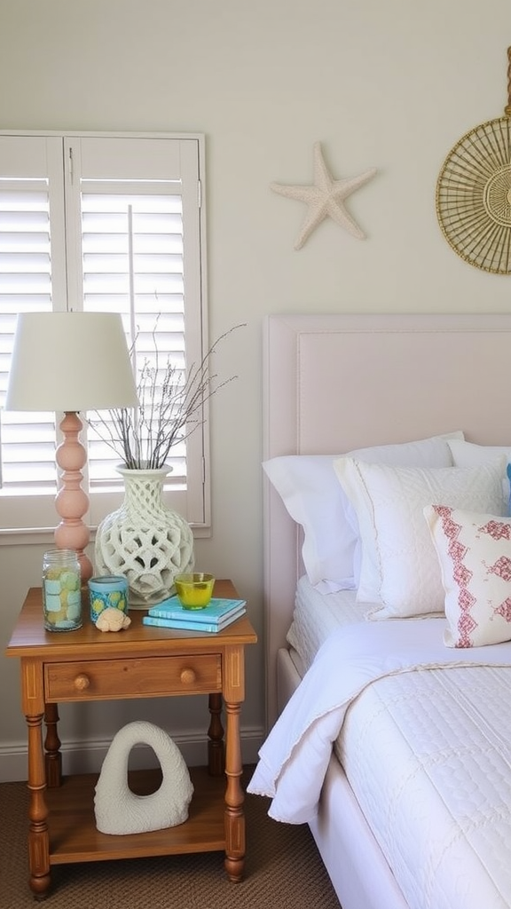 A bedside table with seashell decor items, including a lamp, a vase, and a shell-shaped object.