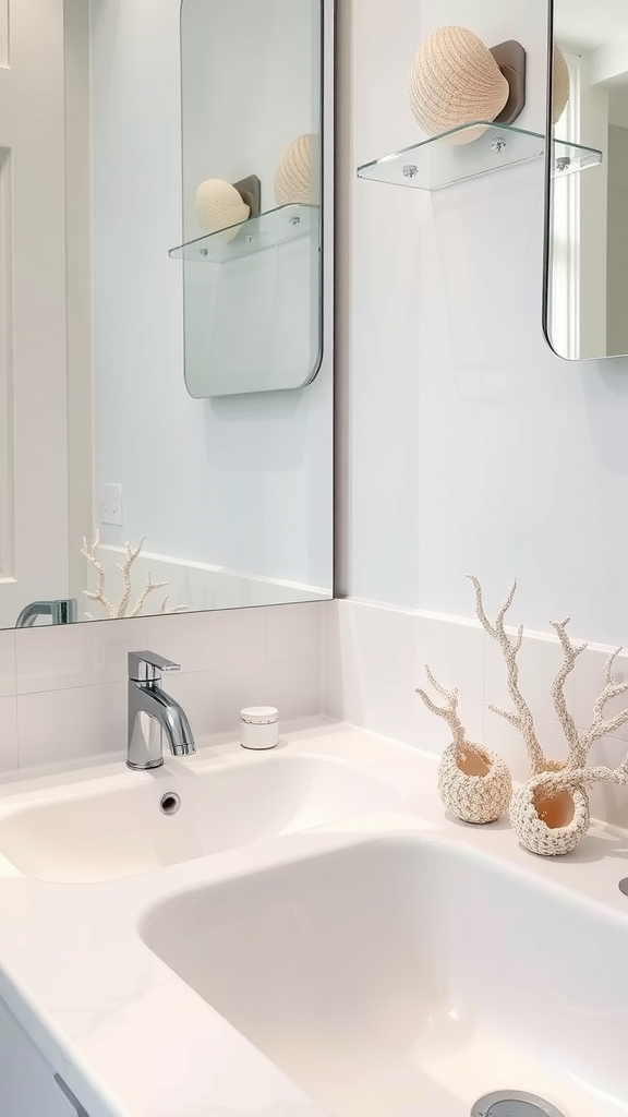 A modern bathroom sink with seashell and coral decor.