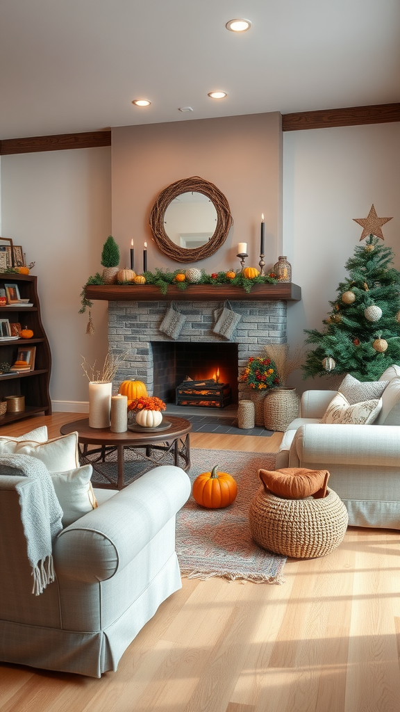 Cozy eclectic living room with seasonal decor including pumpkins, candles, and a Christmas tree.