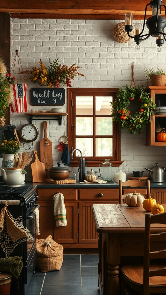 An inviting old-world kitchen decorated for the season with wreaths, pumpkins, and wooden accents.