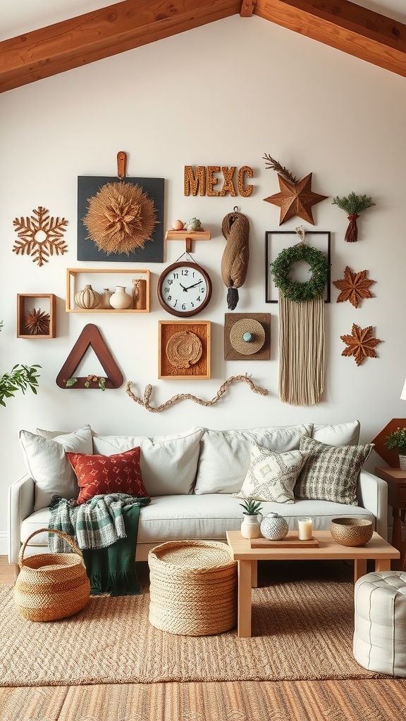 A boho living room with seasonal wall decor featuring natural textures and warm colors.