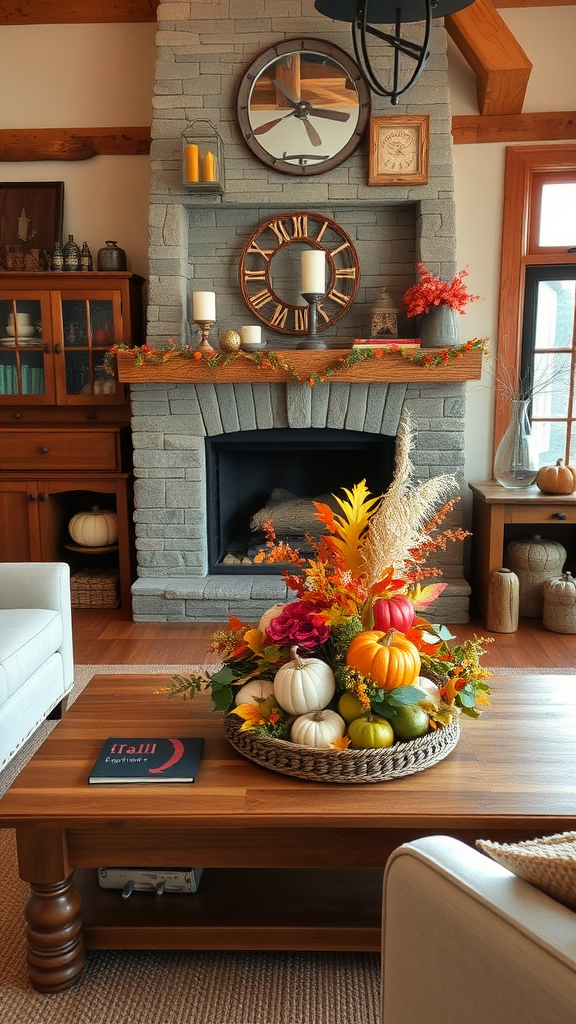 Rustic French country living room with seasonal decor featuring pumpkins and flowers.