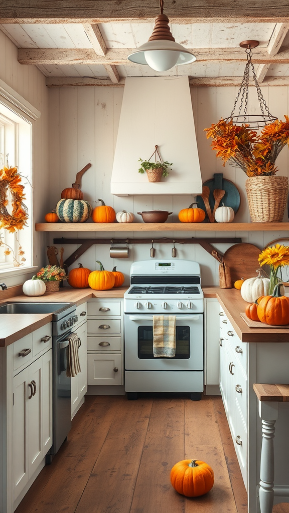 A rustic farmhouse kitchen decorated for fall with pumpkins and autumn leaves.