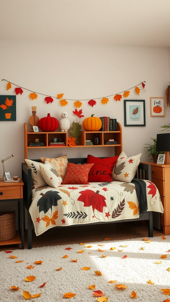 A cozy dorm room decorated for fall with pumpkins, leaves, and warm colors.